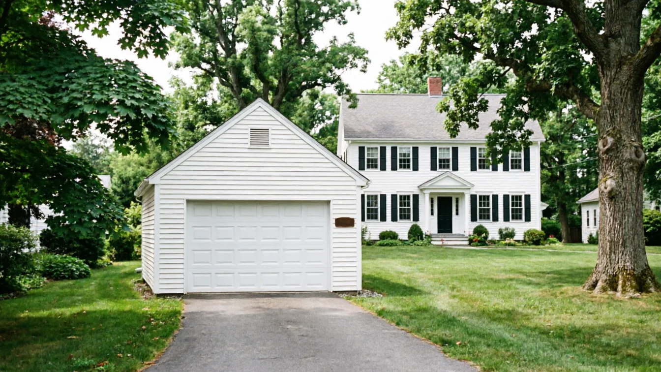 A white detached garage with a white garage door sits in front of a white house.