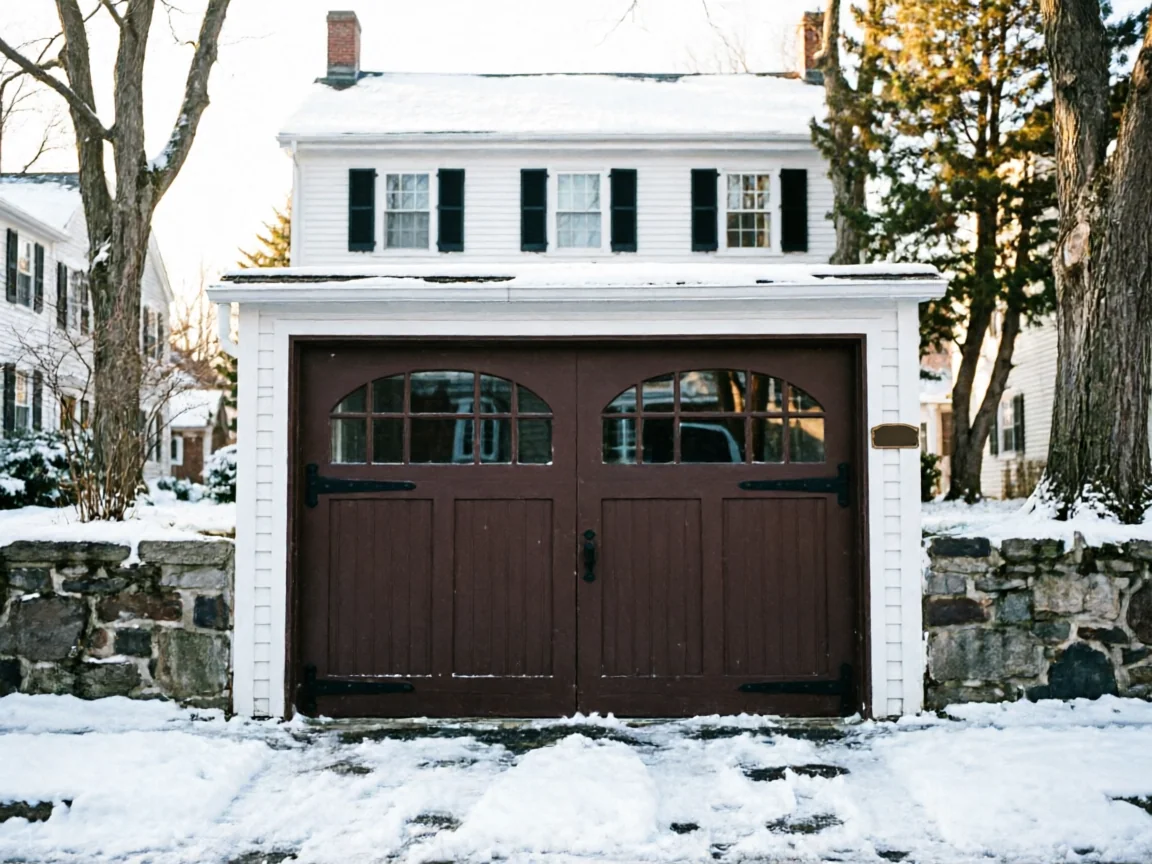A brown garage door with arched windows on a white house with snow.