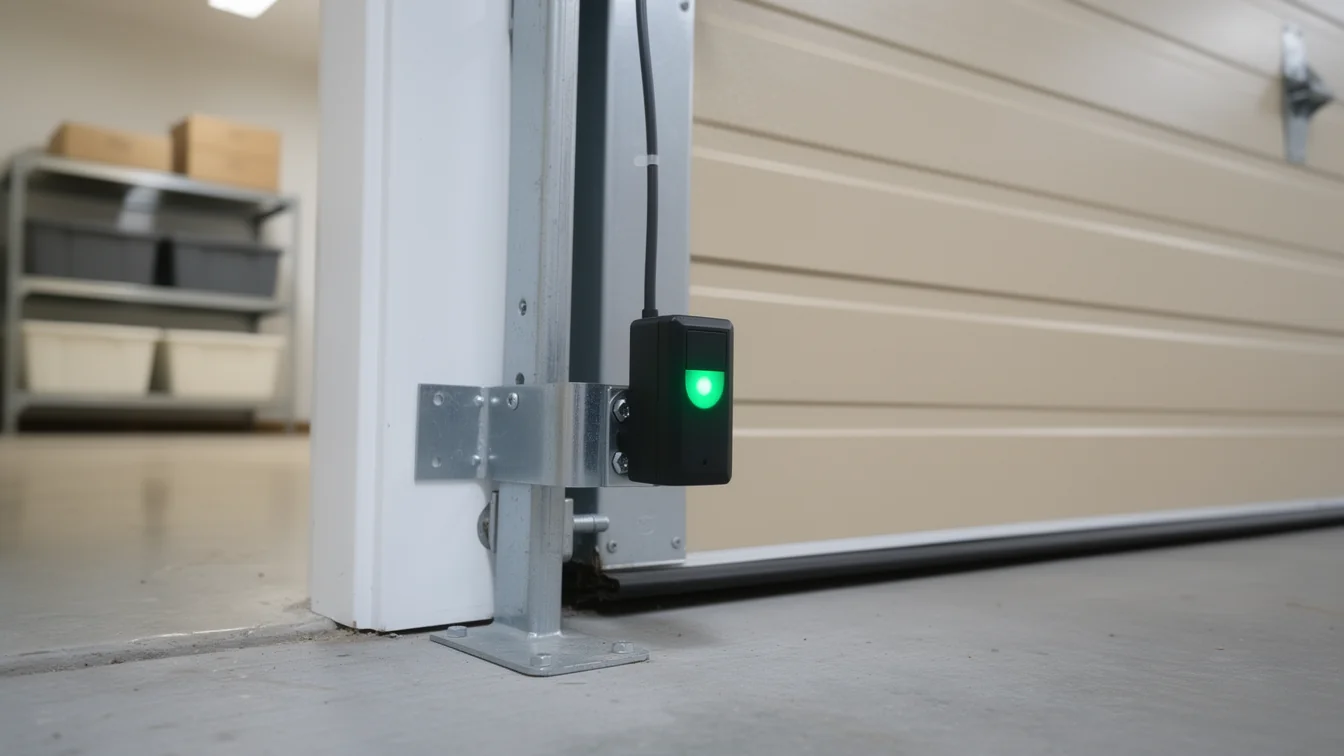 A garage door safety sensor with a green light is mounted on a track.
