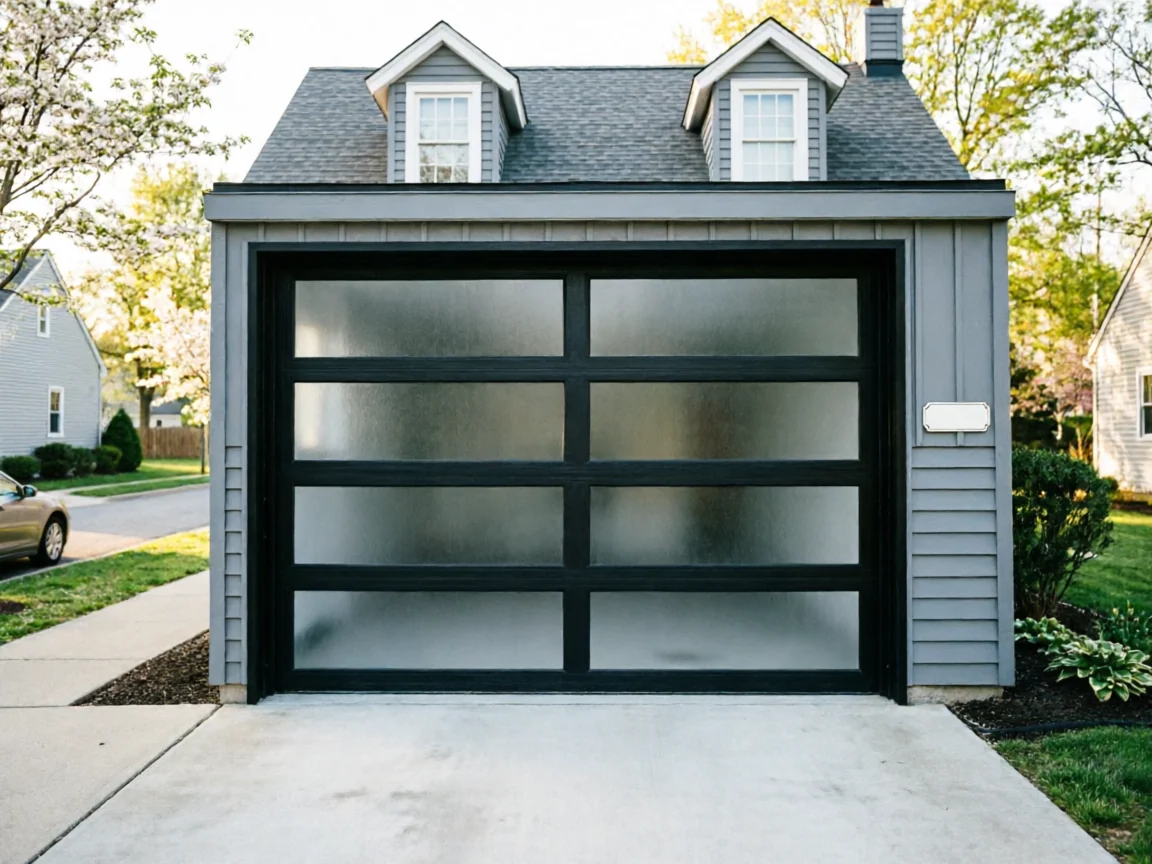 A modern black garage door with frosted glass panels on a gray house.