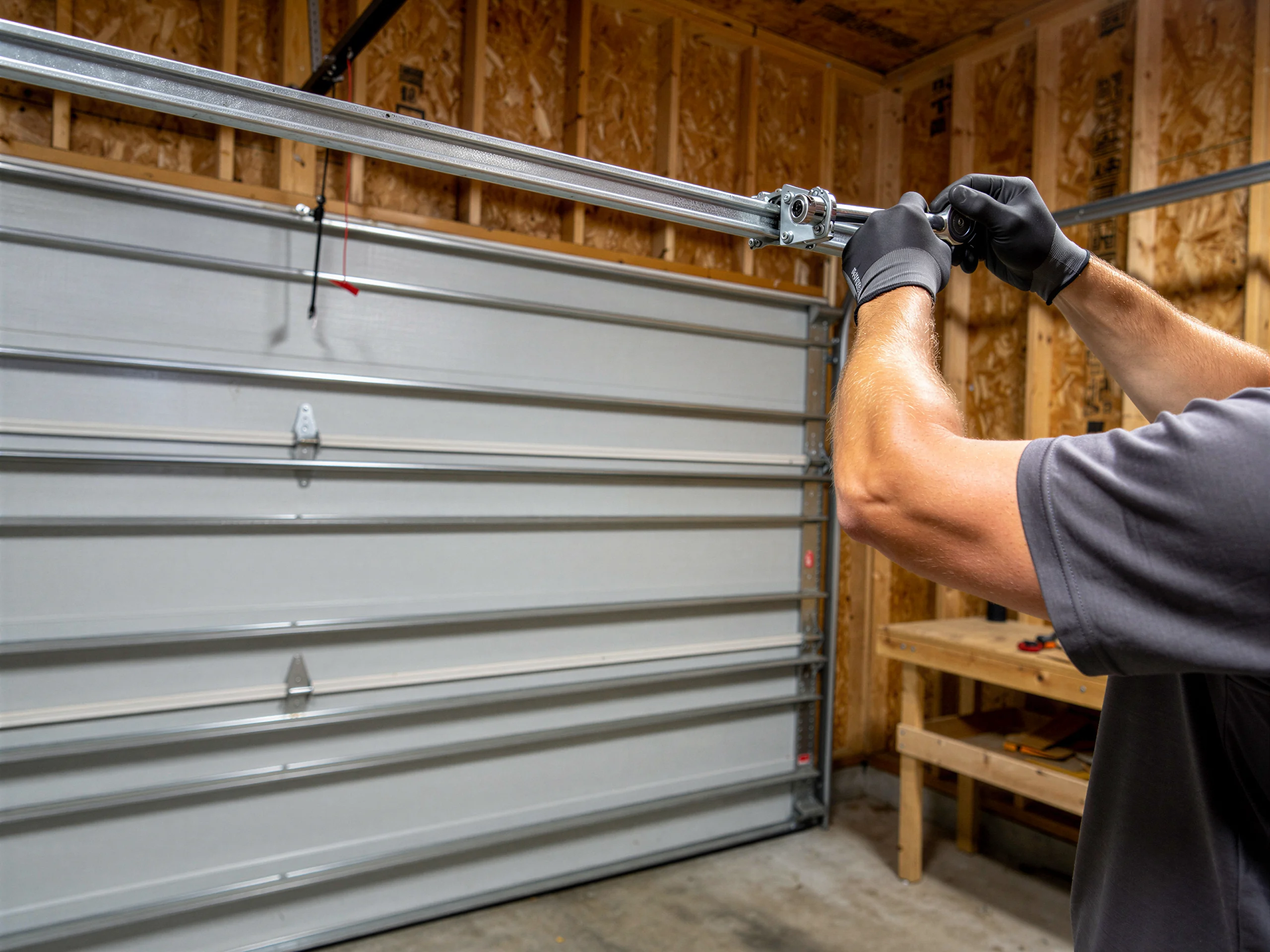 A technician in gloves works on a garage door opener rail above a gray garage door.