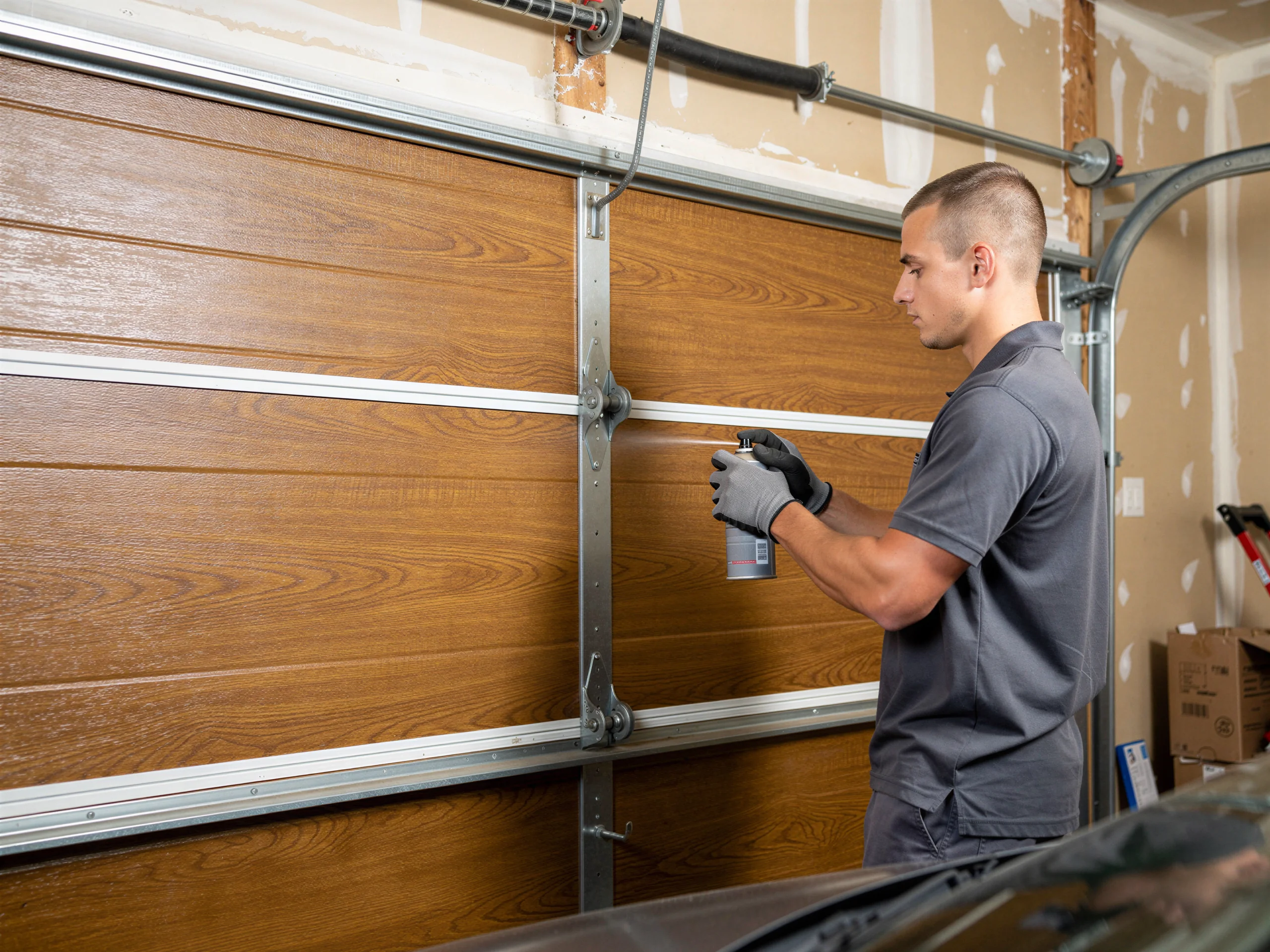 A technician sprays lubricant on a brown garage door with metal tracks.