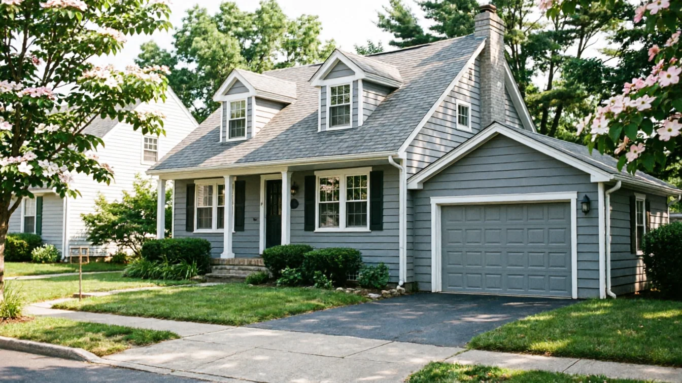 A gray house with a gray garage door and green landscaping.