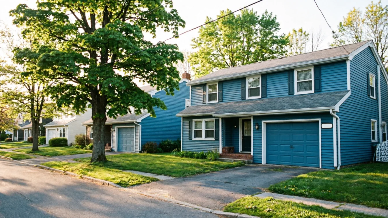 A blue house with a blue garage door sits on a residential street.