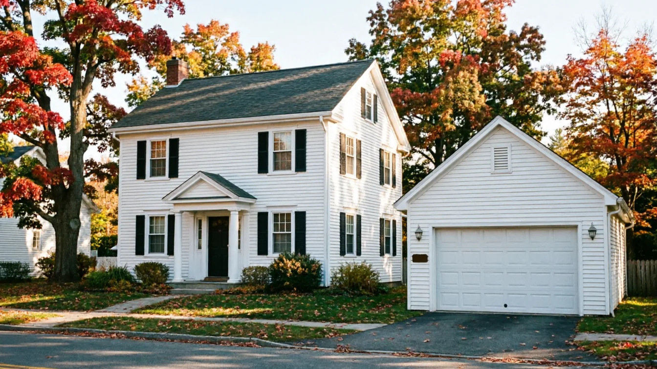 A white house and a detached garage with a white garage door.